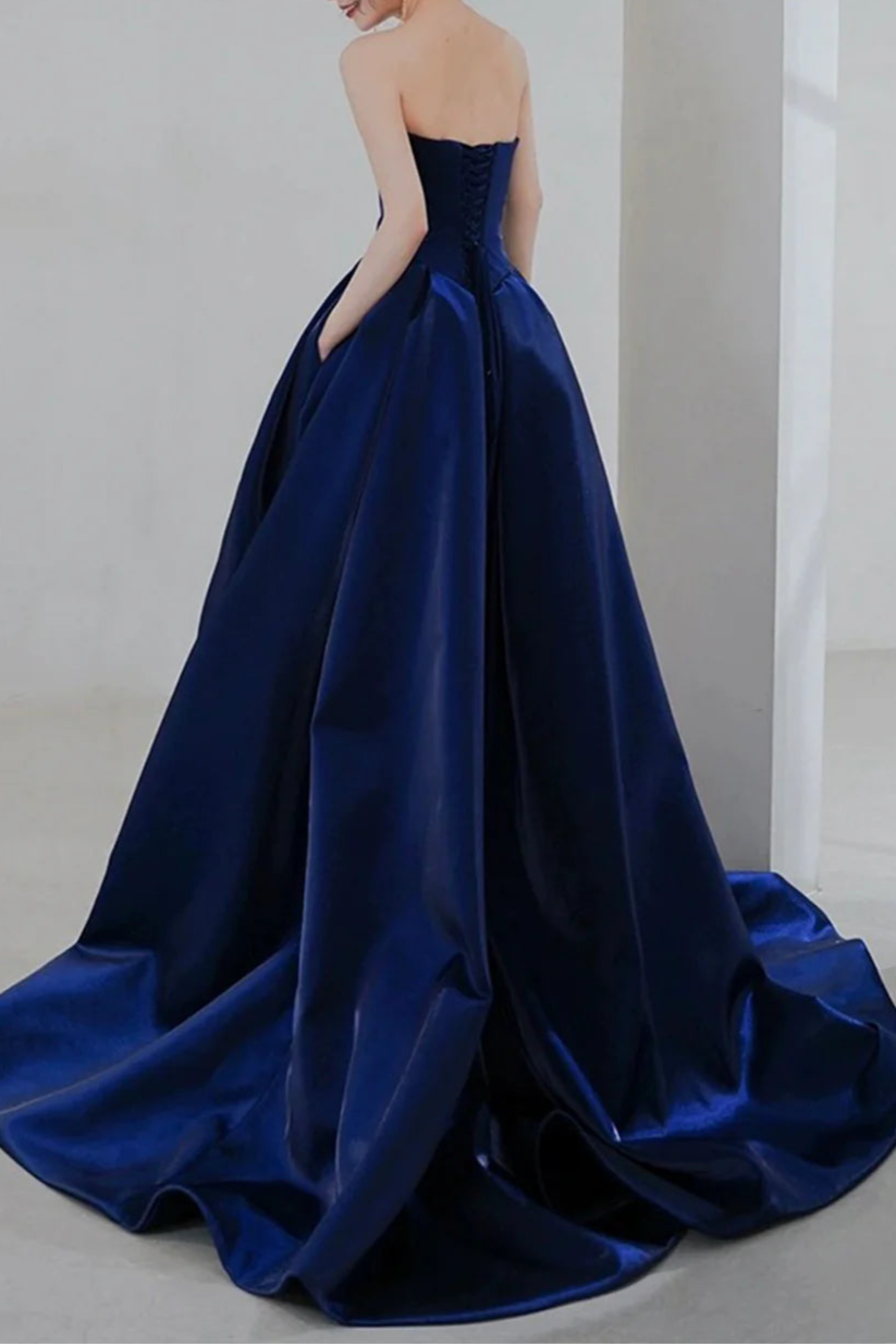 Hot Sale Elegant Royal Blue Satin Strapless Long Prom Dress A-Line Evening Party Dress With Slit