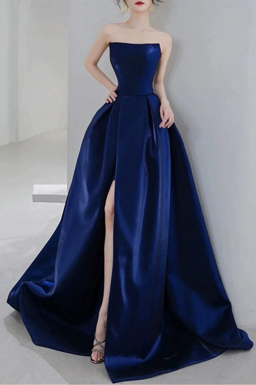 Hot Sale Elegant Royal Blue Satin Strapless Long Prom Dress A-Line Evening Party Dress With Slit