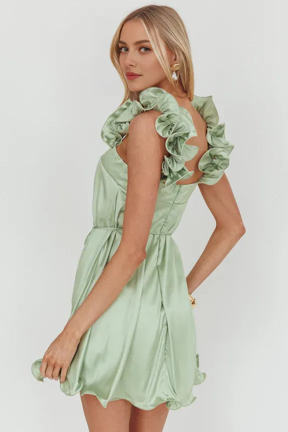 Hot Sale Lettuce Edge Strap Pistachio Mini Homecoming Dress With tie waist
