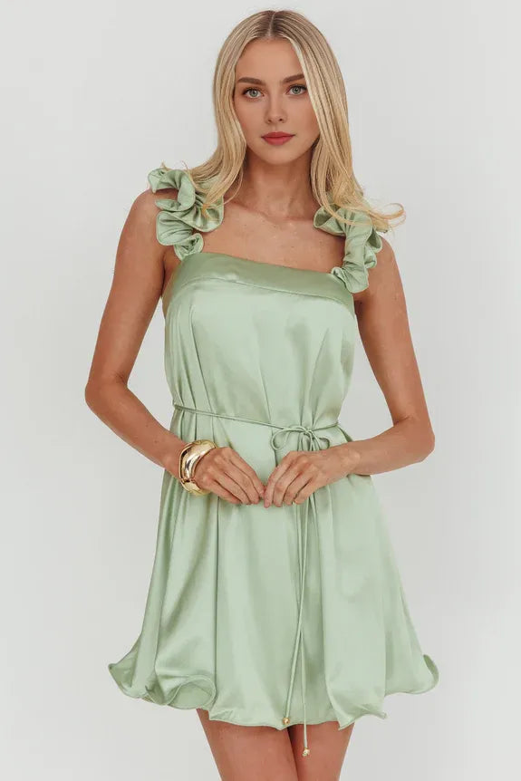 Hot Sale Lettuce Edge Strap Pistachio Mini Homecoming Dress With tie waist