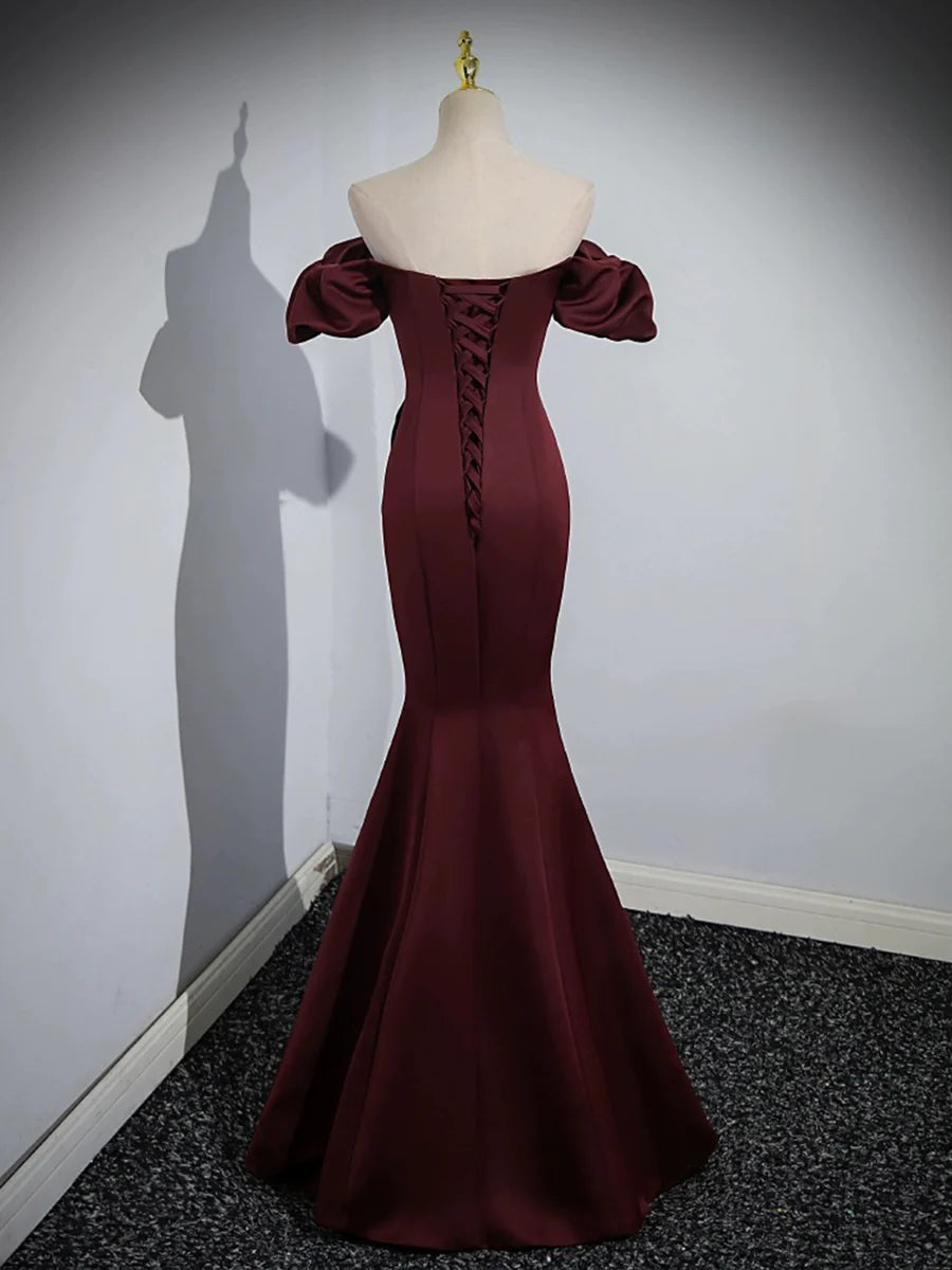 Hot Sale Mermaid Burgundy Satin Pleated Long Prom Dress Off the Shoulder Floor Length Evening Party Dress
