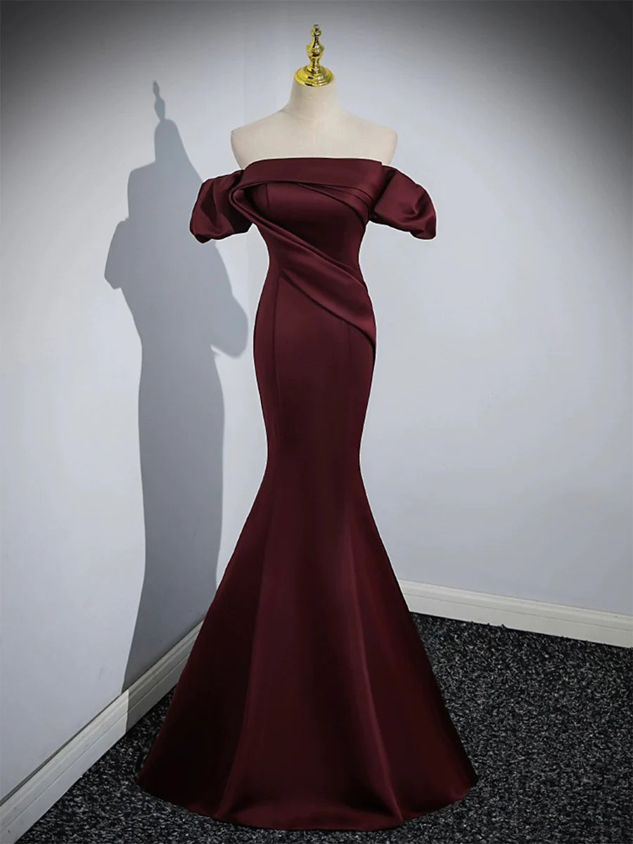 Hot Sale Mermaid Burgundy Satin Pleated Long Prom Dress Off the Shoulder Floor Length Evening Party Dress
