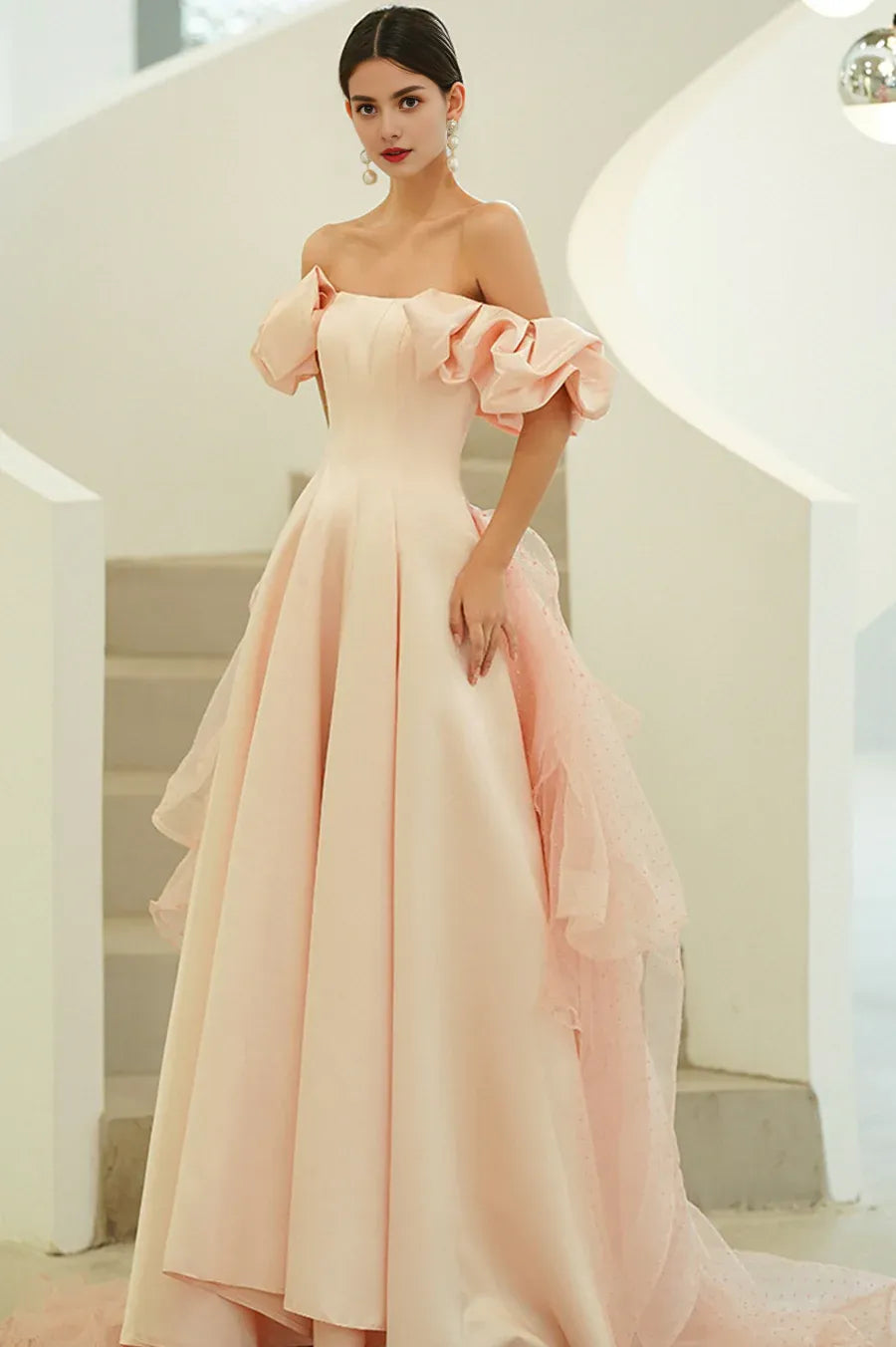 Hot Sale A-Line Off the Shoulder Satin Pink Long Prom Dresses With Cape