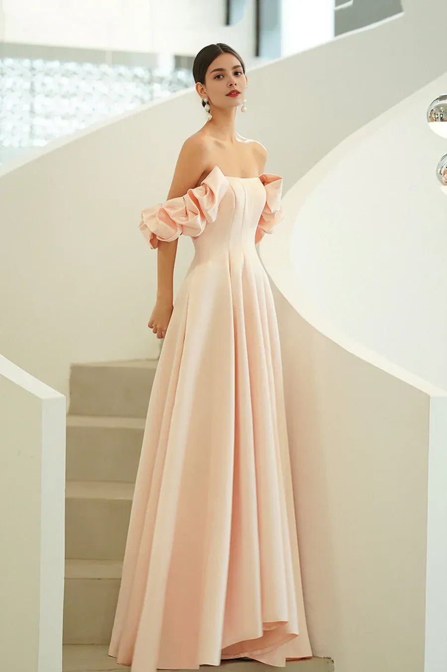 Hot Sale A-Line Off the Shoulder Satin Pink Long Prom Dresses With Cape