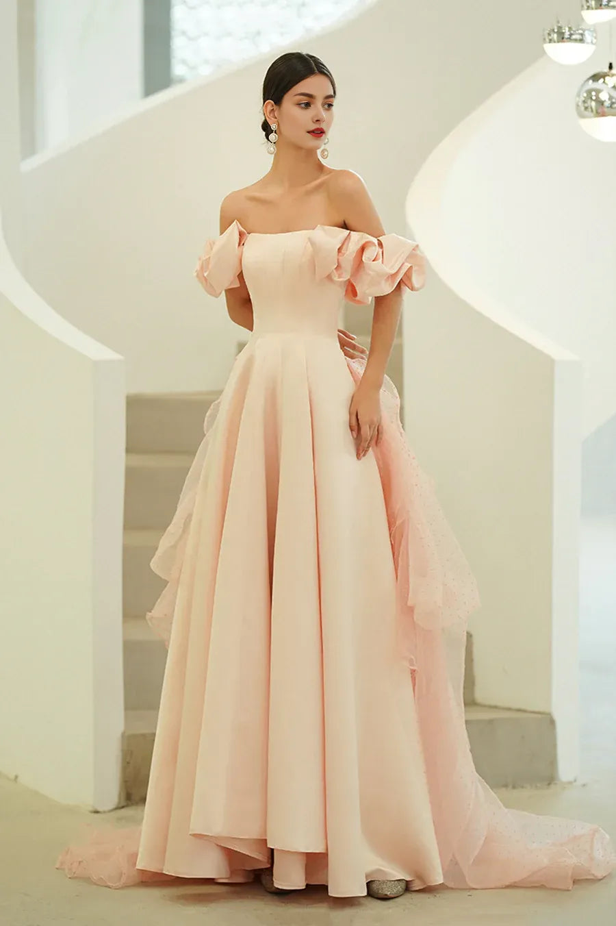 Hot Sale A-Line Off the Shoulder Satin Pink Long Prom Dresses With Cape