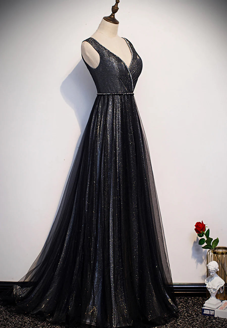 Hot Sale Pretty A-Line V-Neck Tulle Black Long Prom Dresses Evening Dresses