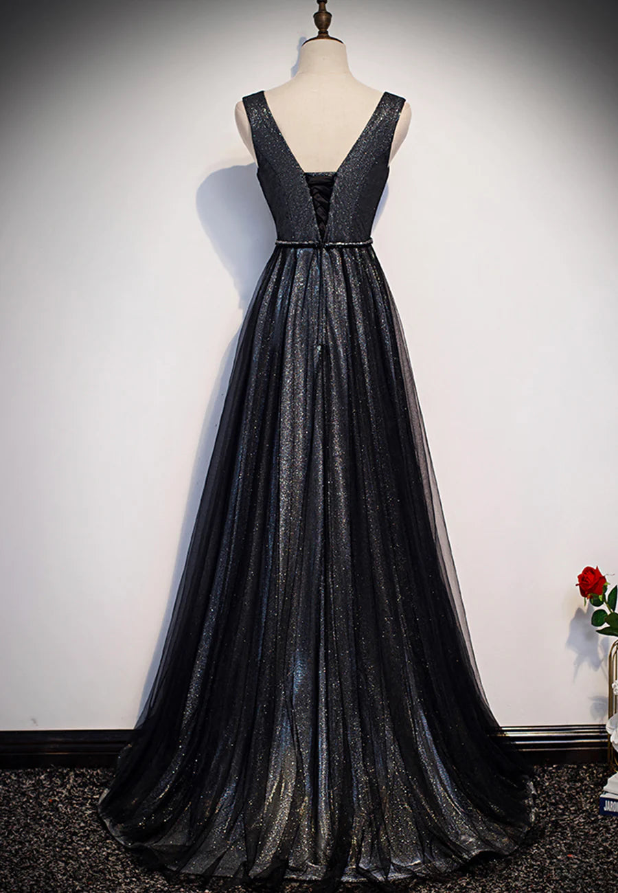 Hot Sale Pretty A-Line V-Neck Tulle Black Long Prom Dresses Evening Dresses