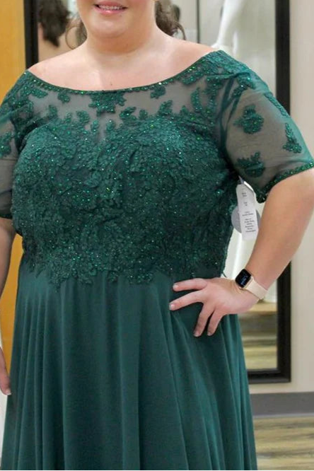 Hunter Green Chiffon Floral Lace Round Neck A-Line Floor Length Mother of the Bride Dress