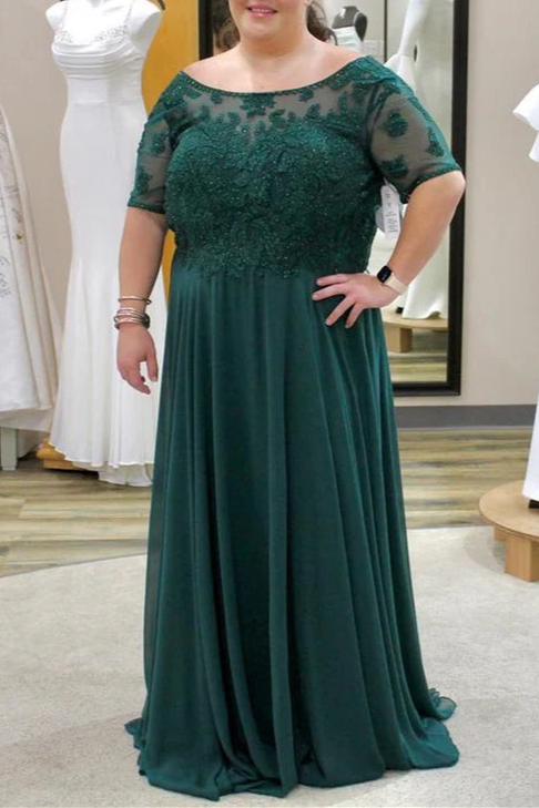 Hunter Green Chiffon Floral Lace Round Neck A-Line Floor Length Mother of the Bride Dress