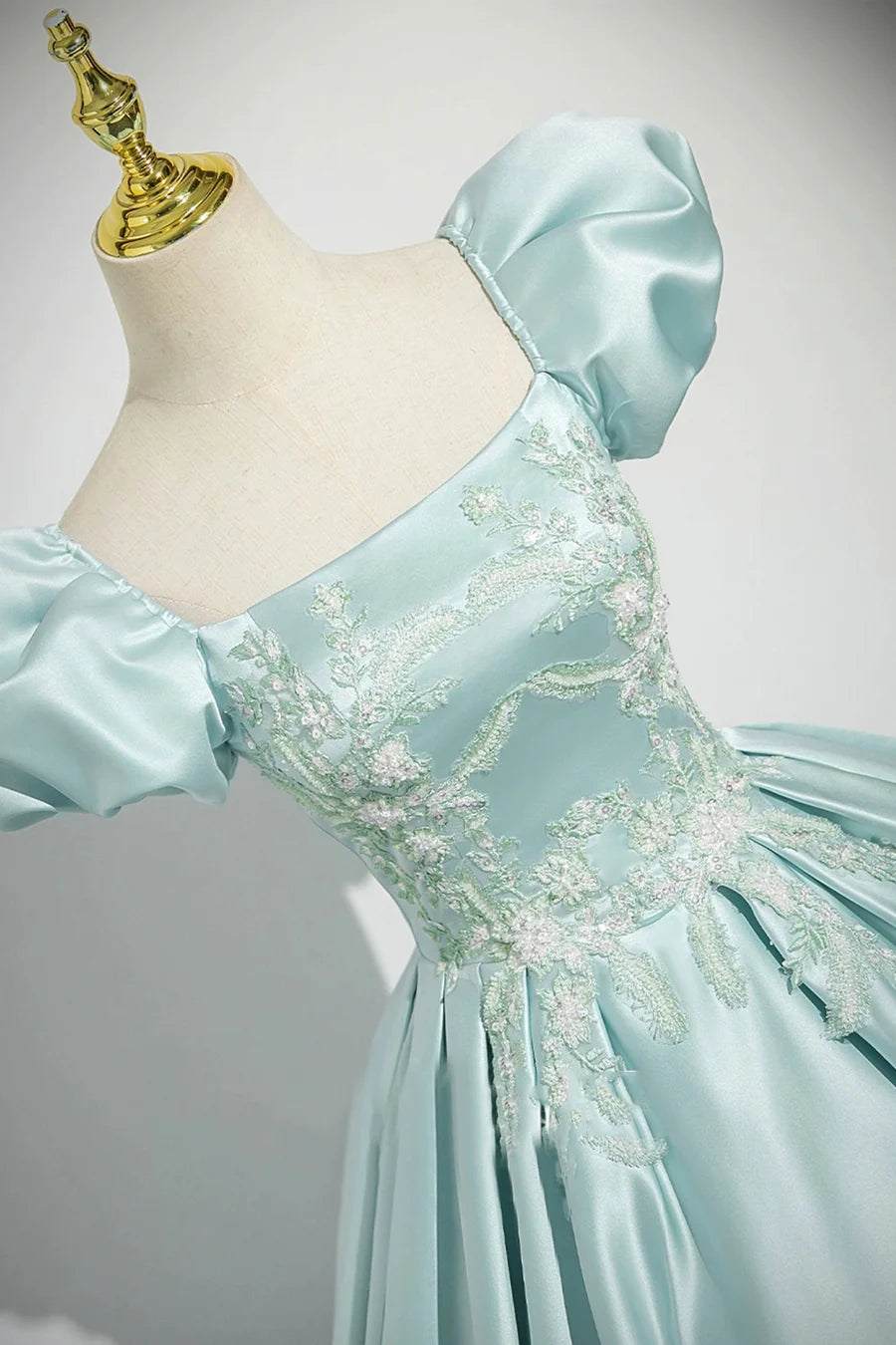 Ice Blue Satin Applique Square Neck Short Sleeve A-Line Long Prom Dress Evening Party Dress