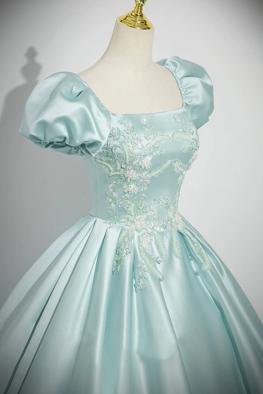 Ice Blue Satin Applique Square Neck Short Sleeve A-Line Long Prom Dress Evening Party Dress