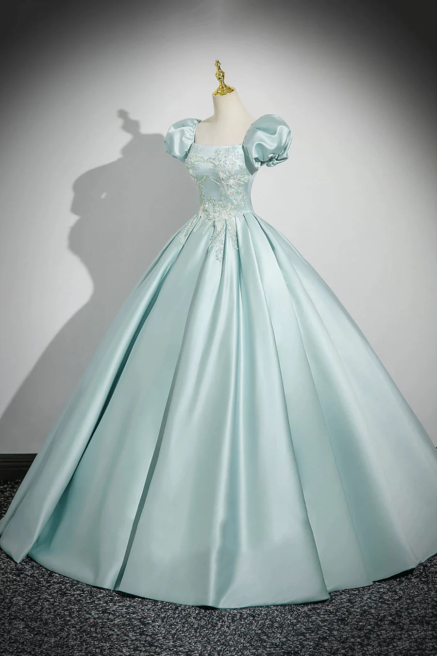 Ice Blue Satin Applique Square Neck Short Sleeve A-Line Long Prom Dress Evening Party Dress