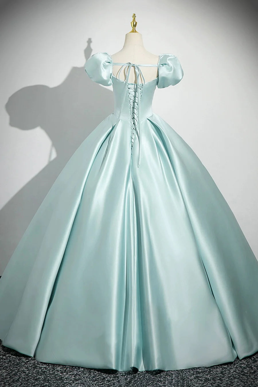 Ice Blue Satin Applique Square Neck Short Sleeve A-Line Long Prom Dress Evening Party Dress