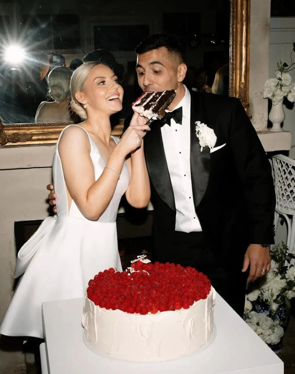 Inexpensive A-Line White Satin V-Neck Sleeveless Short Zipper Back Wedding Dress With Bow