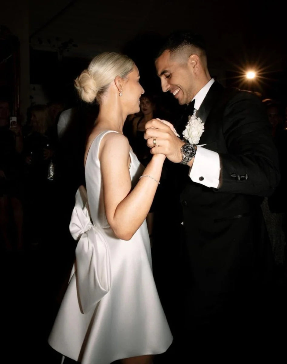 Inexpensive A-Line White Satin V-Neck Sleeveless Short Zipper Back Wedding Dress With Bow