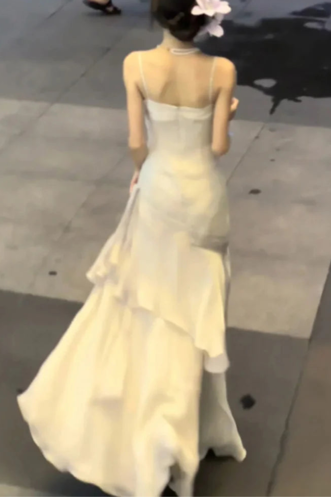 Ivory Chiffon Mermaid Spaghetti Straps Ruffles Tiered Long Prom Dresses Evening Dress