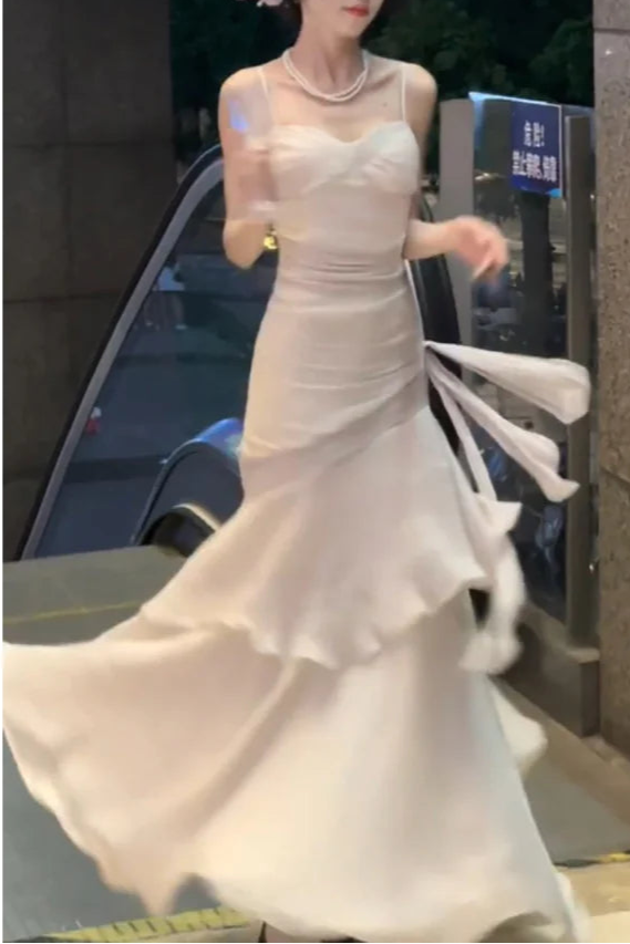 Ivory Chiffon Mermaid Spaghetti Straps Ruffles Tiered Long Prom Dresses Evening Dress