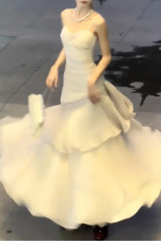 Ivory Chiffon Mermaid Spaghetti Straps Ruffles Tiered Long Prom Dresses Evening Dress