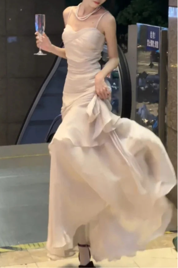 Ivory Chiffon Mermaid Spaghetti Straps Ruffles Tiered Long Prom Dresses Evening Dress