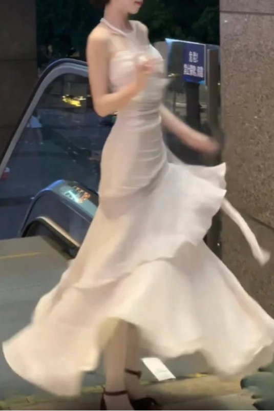 Ivory Chiffon Mermaid Spaghetti Straps Ruffles Tiered Long Prom Dresses Evening Dress