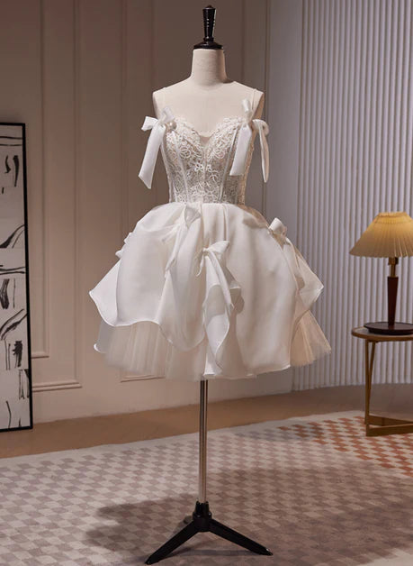 Ivory Chiffon with Lace Spaghetti Straps Short Party Dress Graduation Dress Homecoming Dresses