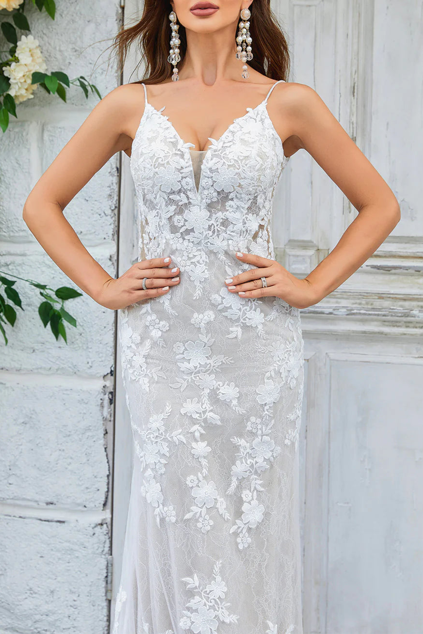 Ivory Floral Lace Spaghetti Straps Open Back Mermaid Lace Long Wedding Dress