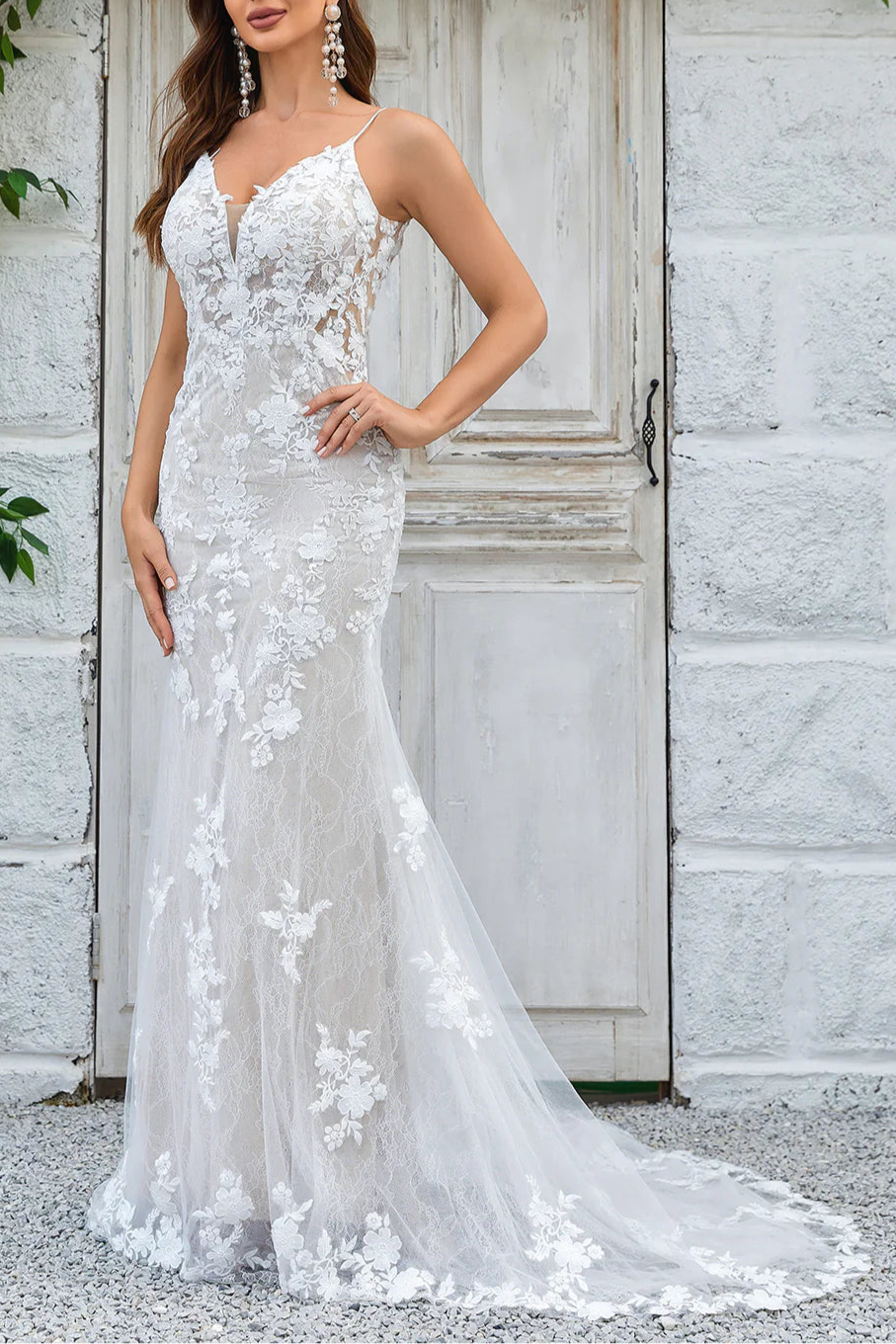 Ivory Floral Lace Spaghetti Straps Open Back Mermaid Lace Long Wedding Dress