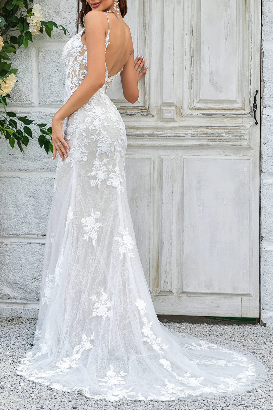Ivory Floral Lace Spaghetti Straps Open Back Mermaid Lace Long Wedding Dress