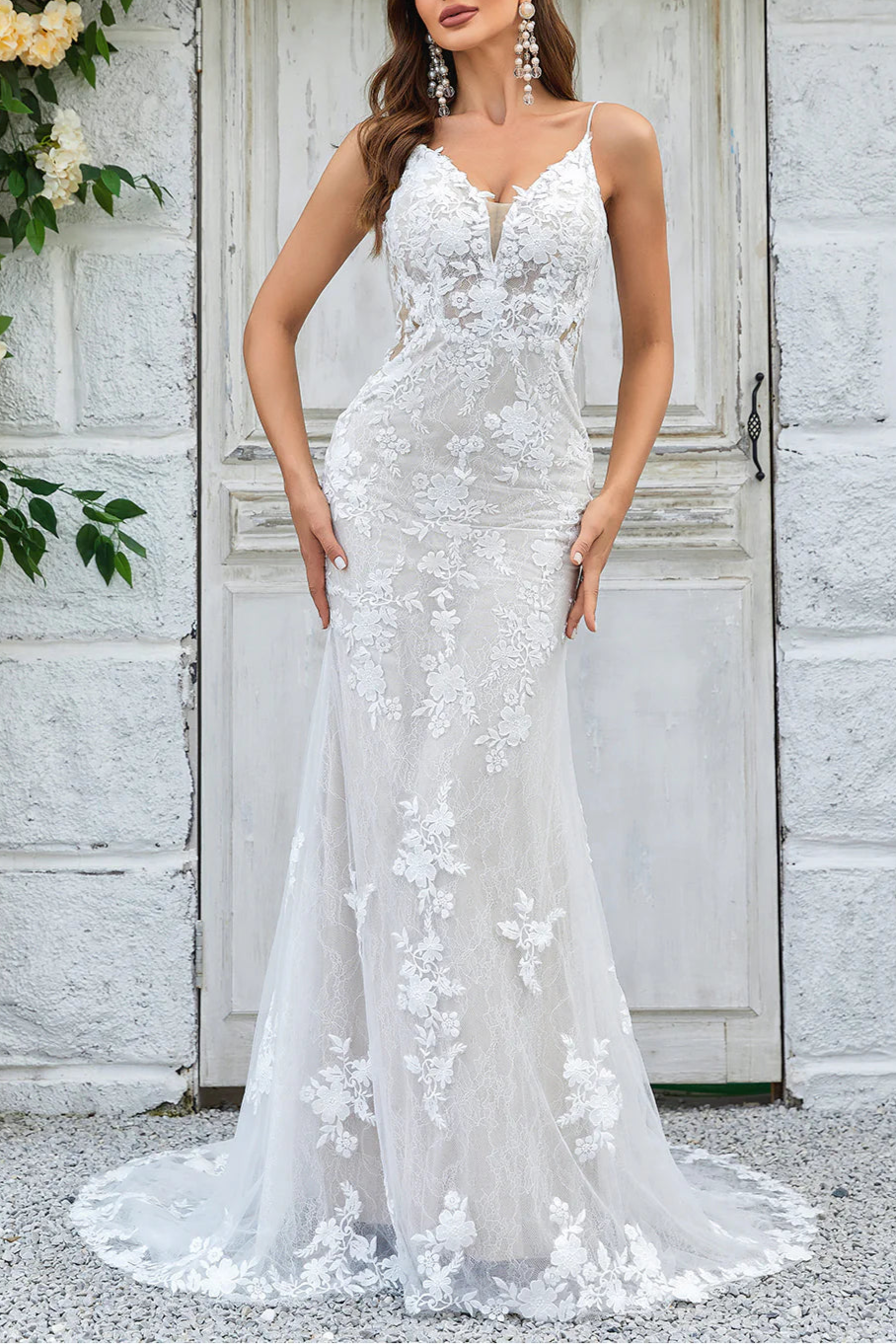 Ivory Floral Lace Spaghetti Straps Open Back Mermaid Lace Long Wedding Dress