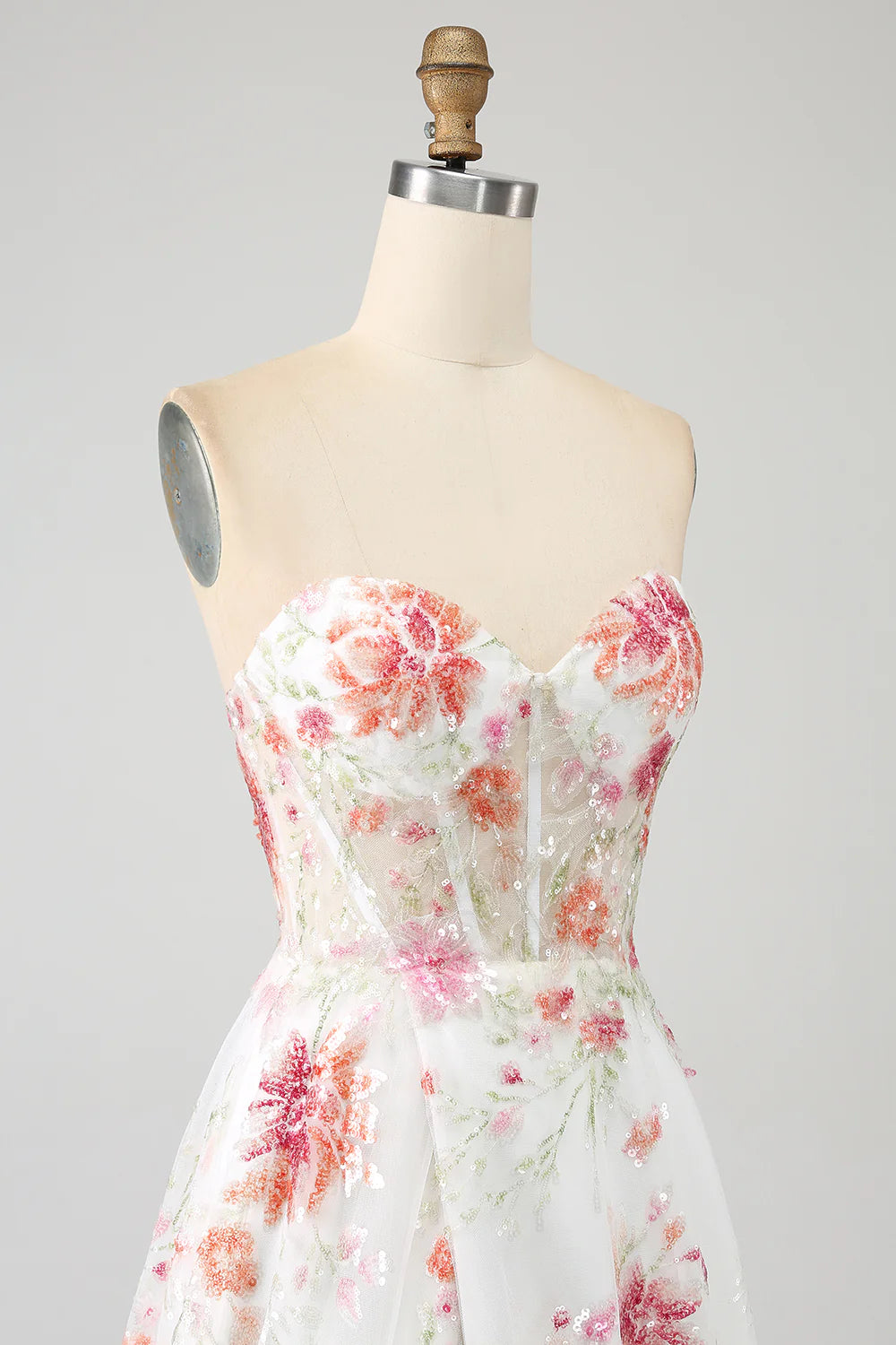 Ivory Flower Sequins Sweetheart Neck Spaghetti Straps Long Corset Prom Dress With Slit