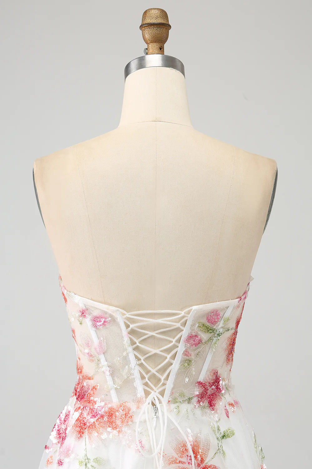 Ivory Flower Sequins Sweetheart Neck Spaghetti Straps Long Corset Prom Dress With Slit