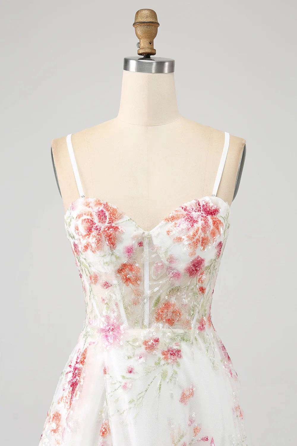 Ivory Flower Sequins Sweetheart Neck Spaghetti Straps Long Corset Prom Dress With Slit