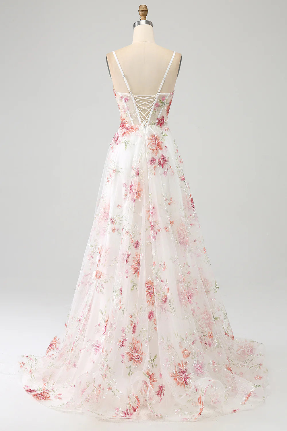 Ivory Flower Sequins Sweetheart Neck Spaghetti Straps Long Corset Prom Dress With Slit