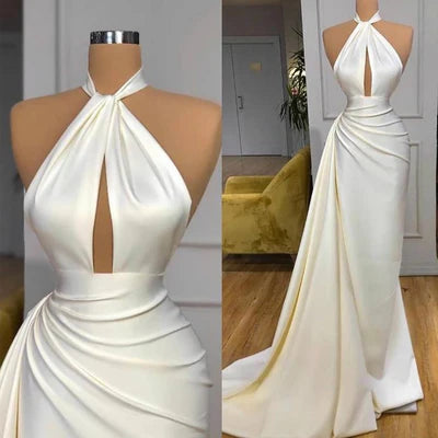 Ivory Halter Cutout Long Evening Dress With Split Detachable Train Ivory Prom Dress