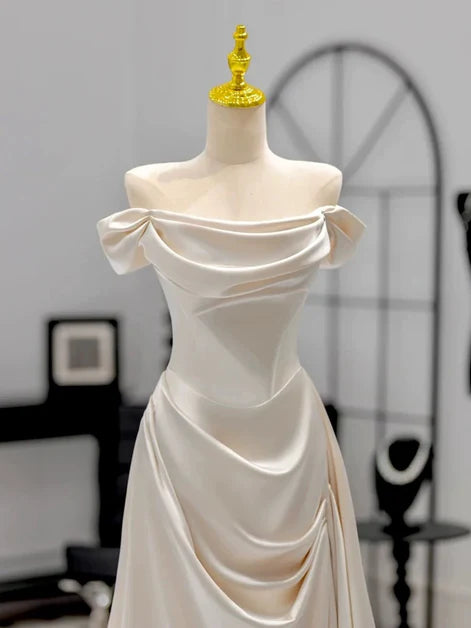 Ivory Satin Off Shoulder A-line High Low Long Party Dress Prom Dress Evening Dress