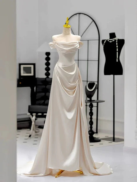 Ivory Satin Off Shoulder A-line High Low Long Party Dress Prom Dress Evening Dress