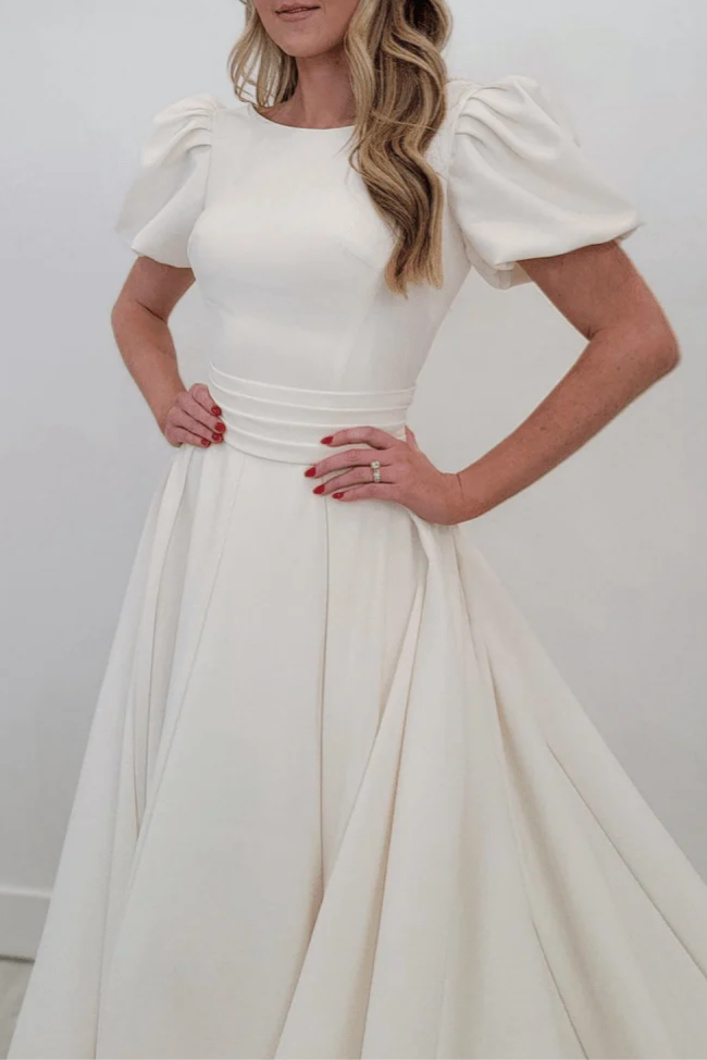 Ivory Satin Pleated A-line Puff Sleeves Long Zipper back  Wedding Dress With Chapel Train