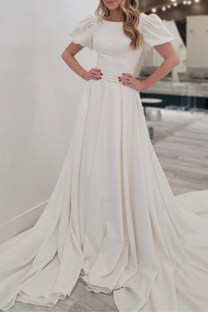 Ivory Satin Pleated A-line Puff Sleeves Long Zipper back  Wedding Dress With Chapel Train