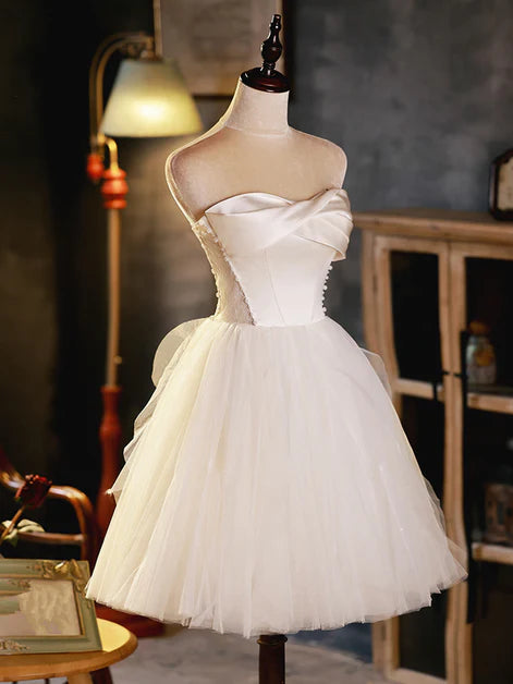 Ivory Satin Tulle Short Off-the-Shoulder Party Dress Homecoming Dress Graduation Dress