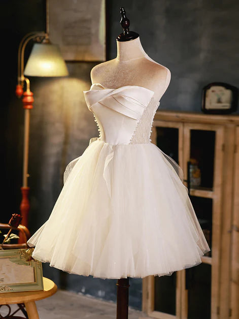 Ivory Satin Tulle Short Off-the-Shoulder Party Dress Homecoming Dress Graduation Dress