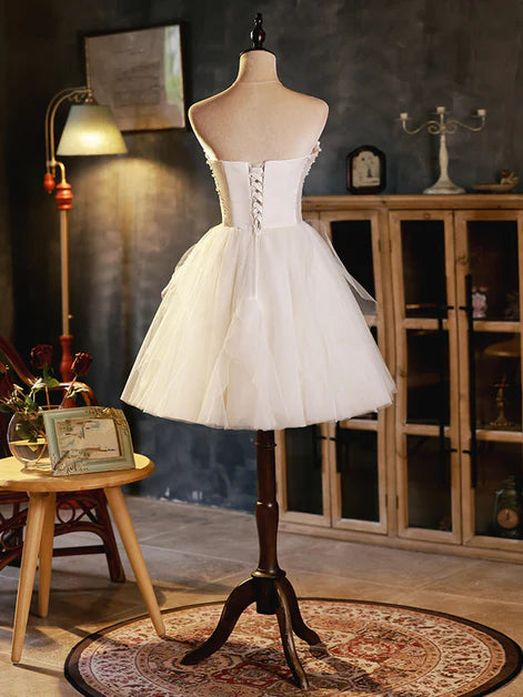 Ivory Satin Tulle Short Off-the-Shoulder Party Dress Homecoming Dress Graduation Dress