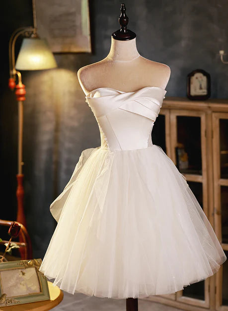 Ivory Satin Tulle Short Off-the-Shoulder Party Dress Homecoming Dress Graduation Dress