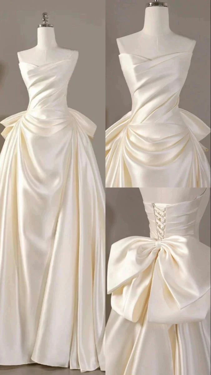 Ivory Satin With Bow V Neck Strapless Pleated Floor Length Wedding Dress Long Bridal Gowns