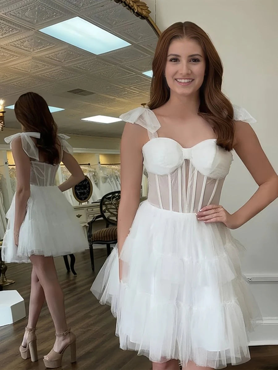 Ivory Tiered Tulle Ruffles A Line Sweetheart Short Homecoming Dresses With Bow Straps