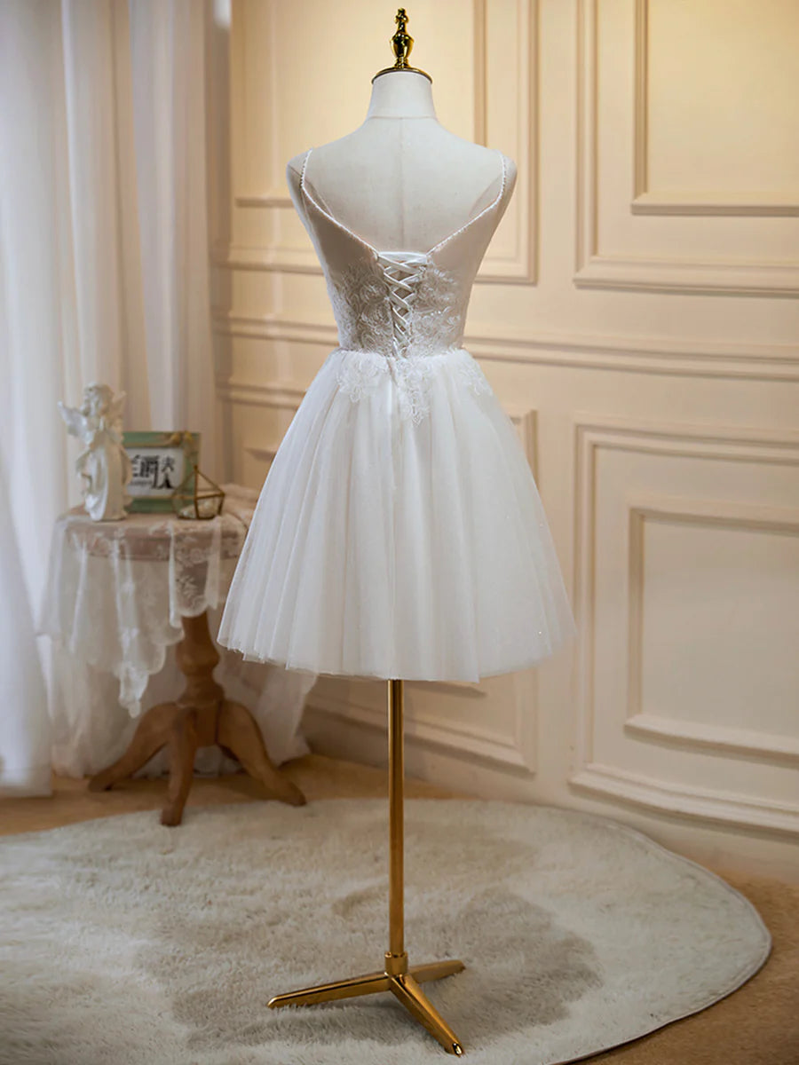 Ivory Tulle Lace With Beaded Pleated Spaghetti Straps V-Neck Party Dress Short Homecoming Dress