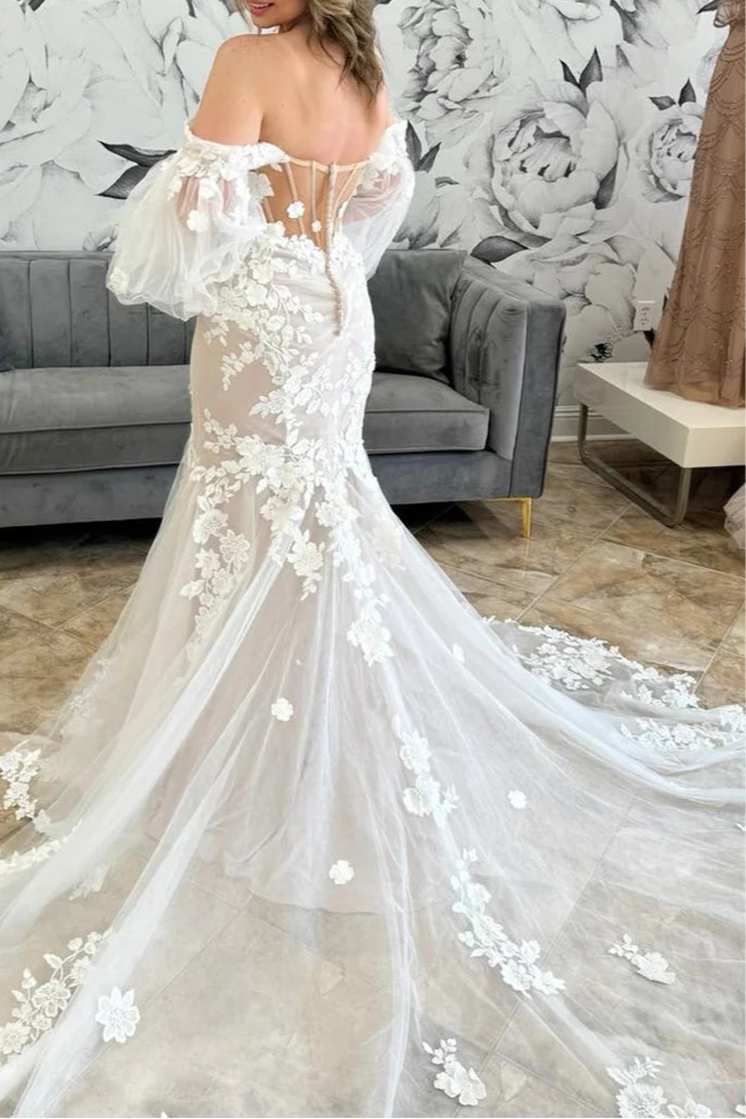 Ivory Tulle With Applique Deep V Neck Trumpet Off The Shoulder Wedding Dress with Balloon Sleeves