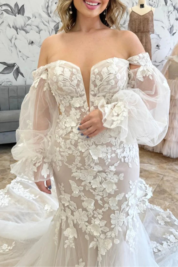 Ivory Tulle With Applique Deep V Neck Trumpet Off The Shoulder Wedding Dress with Balloon Sleeves
