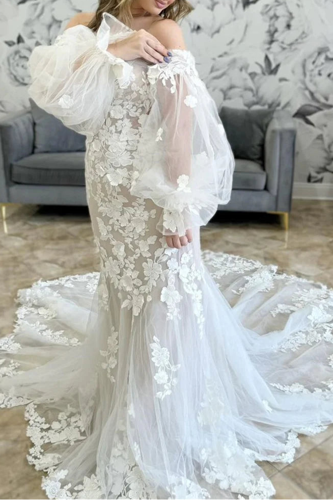Ivory Tulle With Applique Deep V Neck Trumpet Off The Shoulder Wedding Dress with Balloon Sleeves