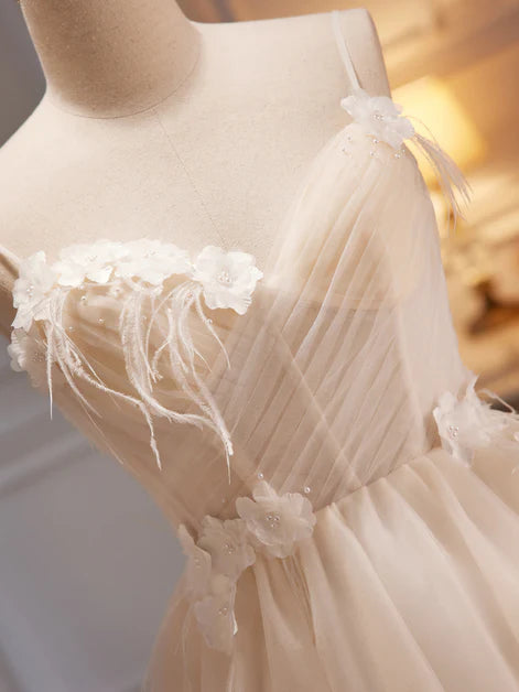 Ivory Tulle with Feather Floral Spaghetti Straps Short Homecoming Dress Prom Dress