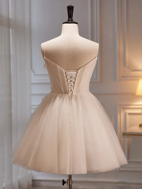 Ivory Tulle with Feather Floral Spaghetti Straps Short Homecoming Dress Prom Dress